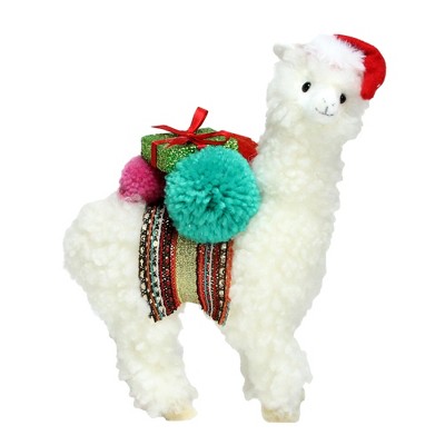 Northlight 10" White Plush Bohemian Llama Christmas Figure with Pom Poms