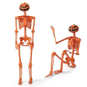 5.2 FT Orange Life-Size Poseable Halloween Skeleton with Pumpkin Head and Movable Joints - Gallery View 2 of 10 5.2 FT Orange Life-Size Poseable - 1 of 4