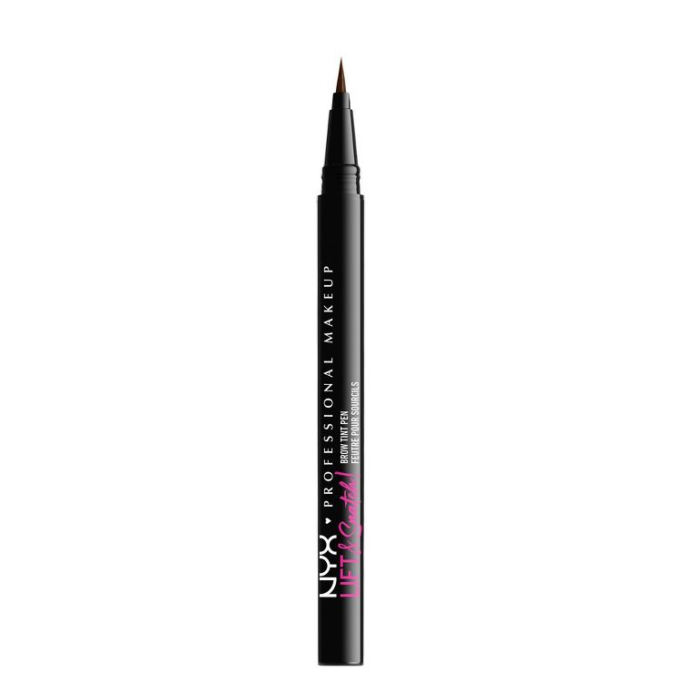 Black brow tint pen with a fine tip, labeled "NYX Professional Makeup" and "Lift N Snatch !" in pink and white text.