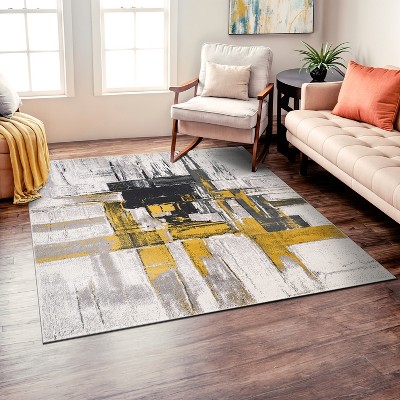 Gold and Gray Abstract Square Area Rug 6'6" x 6'6"