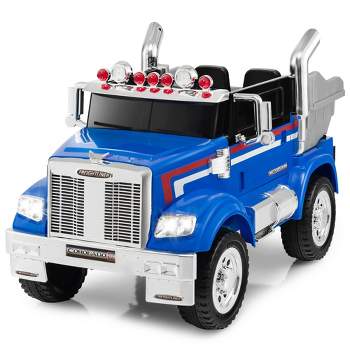 Costway 12V Licensed Freightliner Kids Ride On Truck Car RC w/ Dump Box & Lights Red\Blue
