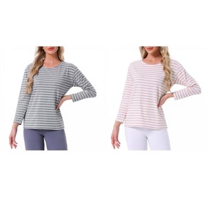INSPIRE CHIC Women's 2 Pcs Cotton Contrast Stripe Pullover Top Long-Sleeve Lounge Pajama Blouse - 1 of 4