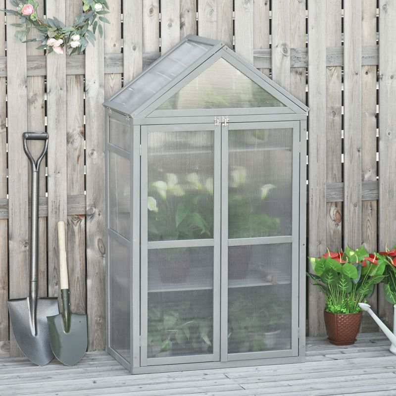 Outsunny 32" x 19" x 54" Garden Wood Cold Frame Greenhouse Flower Planter with Adjustable Shelves, Double Doors, 2 of 9