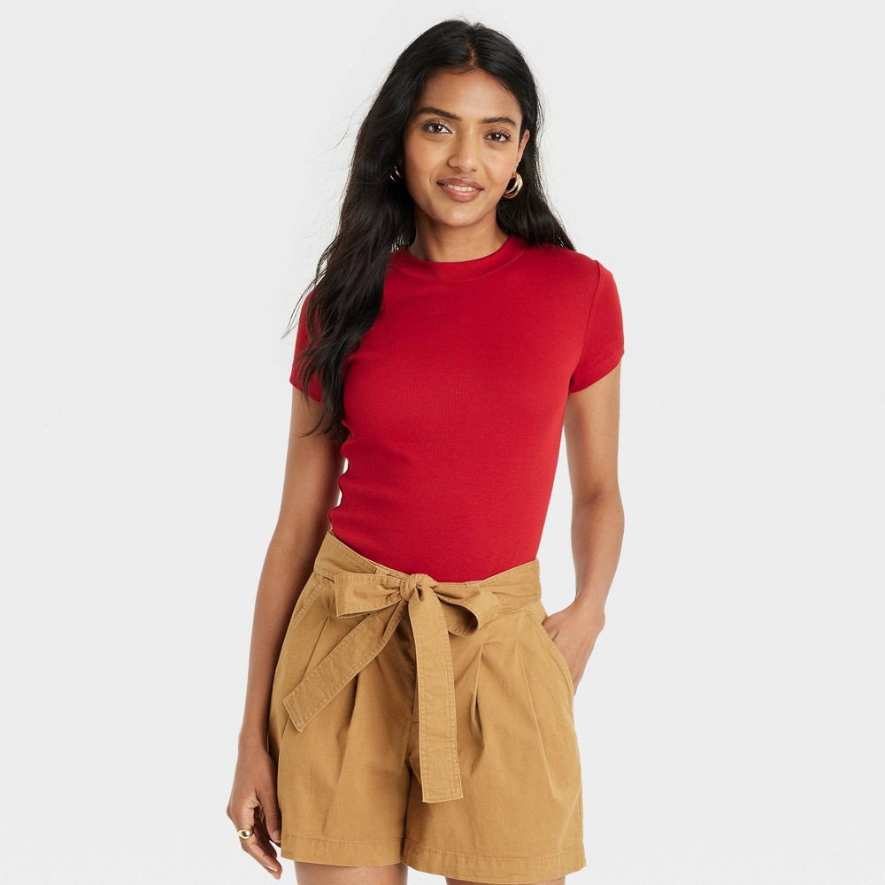 Women's Slim Fit Short Sleeve Ribbed T-Shirt - A New Day™ Dark Red XXL