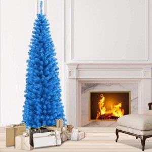 Tangkula 6FT Blue Tinsel Artificial Pencil Christmas Tree w/ Sturdy Metal Stand Seasonal Holiday Decoration for Home, Party - 1 of 4