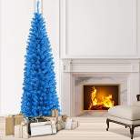 Tangkula 6FT Blue Tinsel Artificial Pencil Christmas Tree w/ Sturdy Metal Stand Seasonal Holiday Decoration for Home, Party