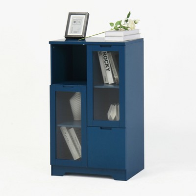 Lirago,25.6"D * 11.8"W * 39.4"H,Blue MDF Display Cabinet with Glass Doors & Drawer, Multi-Functional Organizer for Bedroom/Living Room