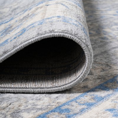 Light Gray and Blue Floral Synthetic Runner Rug