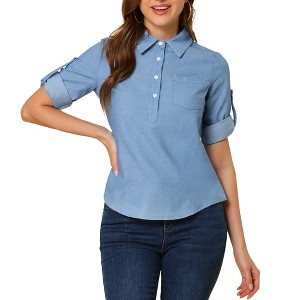 INSPIRE CHIC Women's Roll Up Sleeve Half Button 3/4 Sleeve Blouse - 1 of 4
