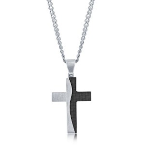 Metallo Stainless Steel Silver & Carbon Fiber Cross Necklace - Silver - 24 Inch - 1 of 3