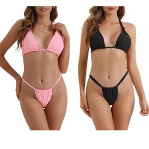 INSPIRE CHIC Women's Push-Up Halter Double Tie Back Triangle Bottoms Swimwear Bathing Bikini Suits 2 Sets - 1 of 4