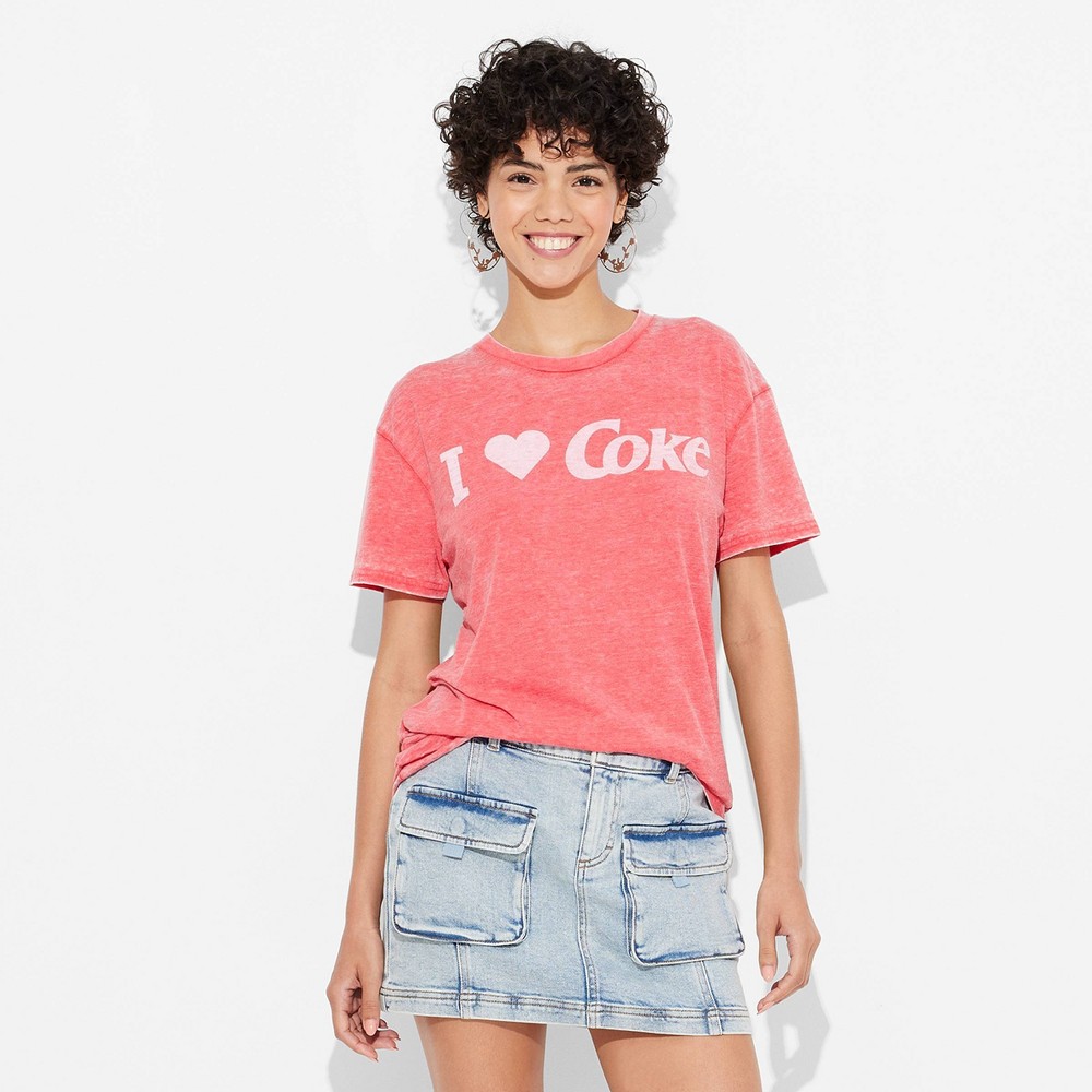 Women's I Heart Coke Burnout Oversized Short Sleeve Graphic T-Shirt - Red XS