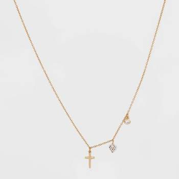 Sterling Silver Gold Dipped Cubic Zirconia Heart and Cross Chain Necklace - Gold