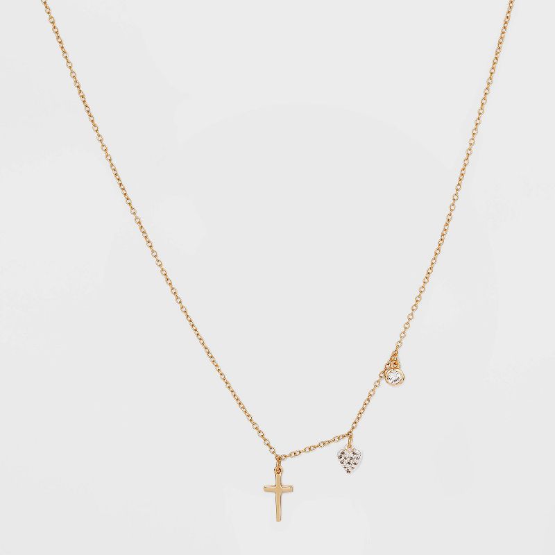 Sterling Silver Gold Dipped Cubic Zirconia Heart and Cross Chain Necklace - Gold, 1 of 5