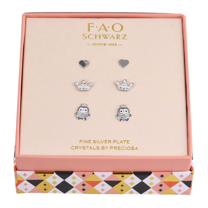 FAO Schwarz Holiday Heart, Crown and Penguin Stud Trio Earring Set, 1 of 4