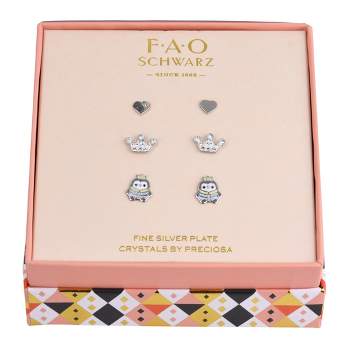 FAO Schwarz Holiday Heart, Crown and Penguin Stud Trio Earring Set