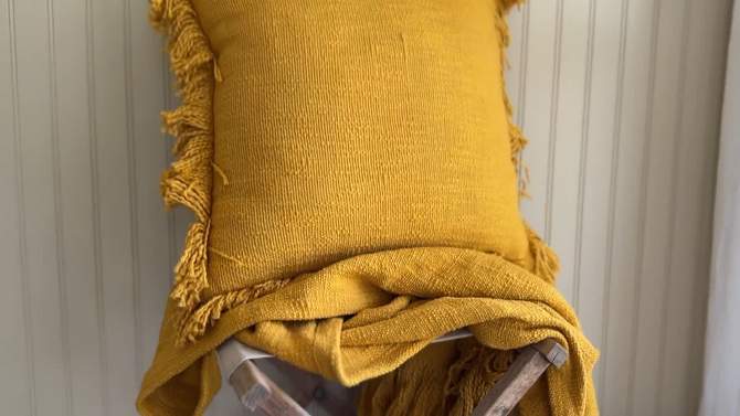 18x18 Inch Hand Woven Fringed Throw Pillow Mustard Cotton With Polyester Fill by Foreside Home & Garden, 2 of 8, play video