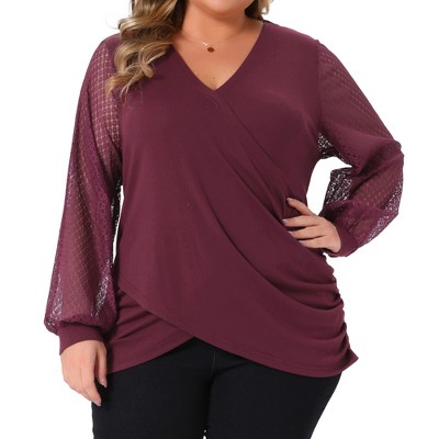 Agnes Orinda Women's Plus Size Criss Cross Wrap Ruched Bishop Lace V Neck Sheer Long Sleeve Elegant Blouse