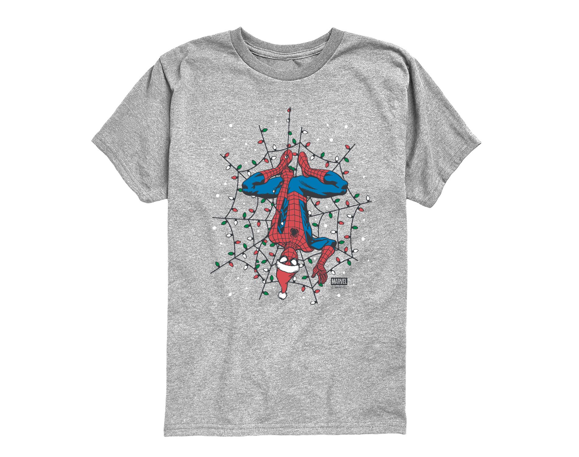 Boys' Marvel Holiday Lights Spider Man Short Sleeve Graphic T-Shirt - Athletic Heather - Large