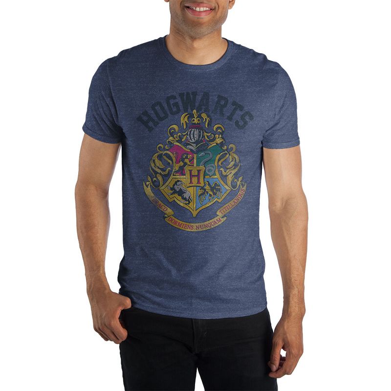 Harry Potter Hogwarts Crest and Motto Draco Dormiens Nunquam Titillandus Men's Blue Tee T-Shirt Shirt, 1 of 2