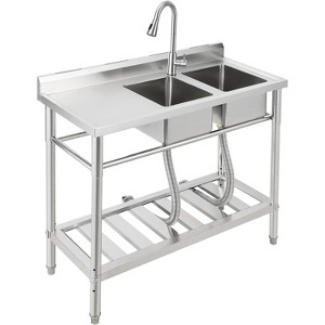 Acekool 39in Stainless Steel Double Bowl Utility Sink, Commercial Kitchen/Laundry/Bar Sink with Storage, 39"x18"x40" - 1 of 4