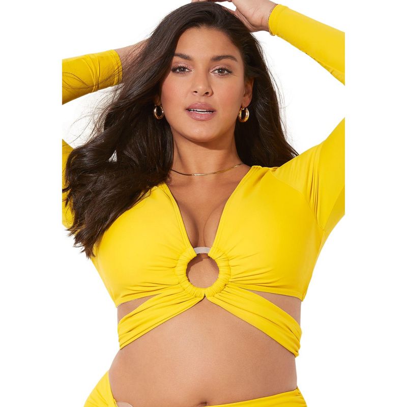 Swimsuits for All Women's Plus Size O-Ring Long Sleeve Bikini Top, 1 of 2