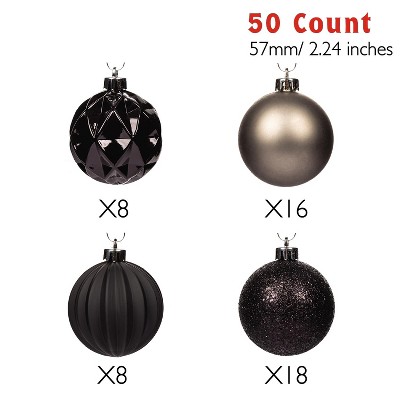 Black and Grey Shatterproof Plastic Christmas Ornament Set, 50 Count