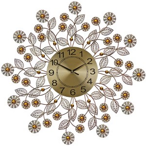 HomeRoots 27" Gold And Black Metal And Faux Crystal Silent Analog FloralWall Clock - 1 of 4