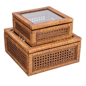 Storied Home Woven Wood and Rattan Display Boxes with Glass Lids, Set of 2 - 1 of 4