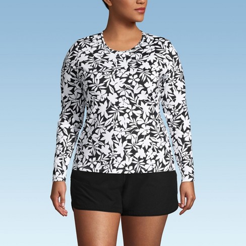 Lands End Women s Plus Size Crew Neck Long Sleeve Rash Guard Upf 50 Sun Protection Swim Tee 2x Black Havana Floral Target