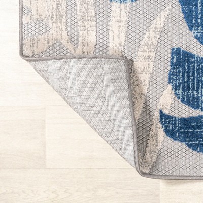 Light Gray and Navy Tropical Leaf Runner Rug, 2'-3" x 8', Synthetic