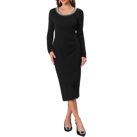 Женские платья INSPIRE CHIC Women's Knit Rhinestones Beaded Crew Neck Long Sleeve Cocktail Bodycon Dresses Medium Black