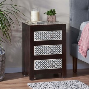 ORRD Wooden Nightstand with 3 Bone-Inlay Drawers, Handcrafted End Table, Decorative Bedroom Storage with Geometric Pattern, 24" Tall, Black & White - 1 of 4