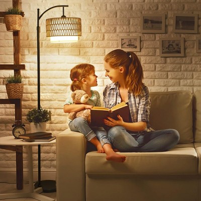 65"H Adjustable Height Standing Lamp With Remote 3 Color Temperatures For Living Room,Boho Style Floor Lamp With Rattan Shade For Bedroom-The Pop Home