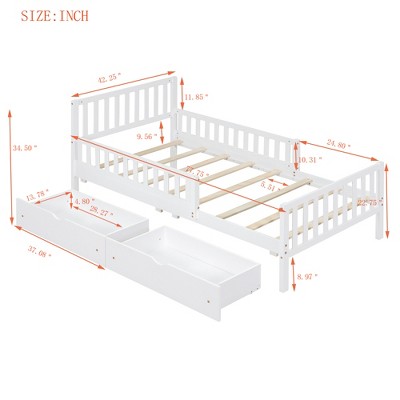 Vynxaria Twin Size Wood Platform Bed with Guardrails and Two Storage Drawers in White