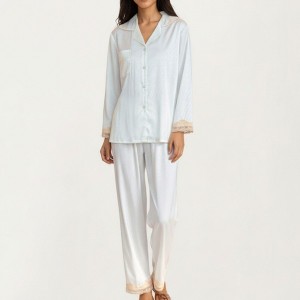 Anna-Kaci Lounge Women's 2-Piece Set Satin Button Front Pajama Top with Lace Trim Sleeves and Matching Elastic Waist Pants - 1 of 4