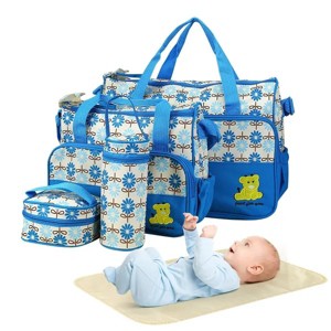 Racxily 5PCS Baby Nappy Diaper Bags Set Mummy Diaper Shoulder Bags w/ Nappy Changing Pad Insulated Pockets Travel Tote Bag - 1 of 4