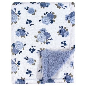 Luvable Friends Baby Girl Plush Blanket with Faux Shearling Back, Blue Floral, One Size - 1 of 2