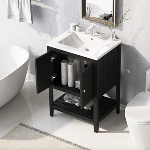 24" Black Modern Sleek Bathroom Vanity Elegant Ceramic Sink with Solid Wood Frame Open Style Shelf - 1 of 4