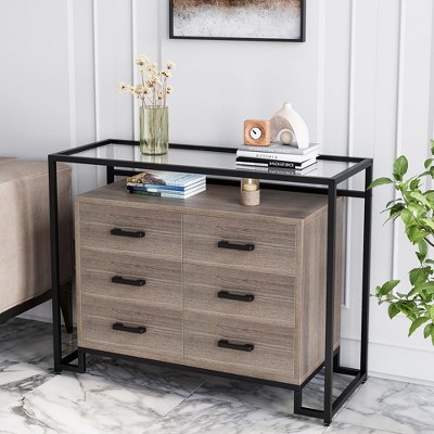 6 Drawer Chest, Wood Drawer Dresser with Steel Frame & Tempered Glass Top, Storage Tower Clothes Organizer