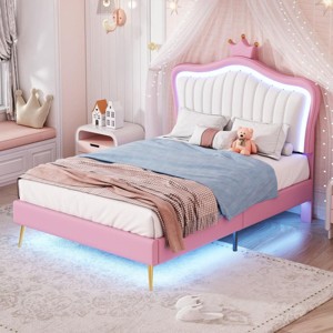 Streamdale Twin Upholstered Bed Frame with Crown Headboard and LED Lights - 1 of 4
