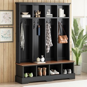 Lycvki Farmhouse 59"W Hall Tree Entryway Bench with 8 Hooks and Shoe Rack - 1 of 4
