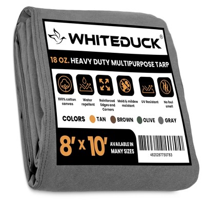 WHITEDUCK Tarp 8 x 10 ft Canvas Outdoor Heavy Duty Water-Resistant Tarpaulin Cover, 18 oz Loomstate Cotton with Stainless Steel Grommets, Gray