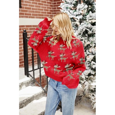 Women's Ugly Funny Christmas Sweaters Long Sleeve Knit Pullover Sweater Cute Reindeer Print Sweatshirt Tops
