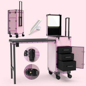 New Upgrade Rolling Manicure Table Foldable Nail Desk With 3 Drawers, Mirror & Nail Polish Organizer - Pink - 1 of 4