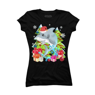 Junior's Design By Humans Funny Santa Shark Christmas T-Shirt By thebeardstudio T-Shirt