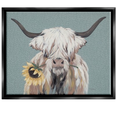 Stupell Industries Highland Cattle Biting Sunflower Bloom Framed Floater Canvas Wall Art