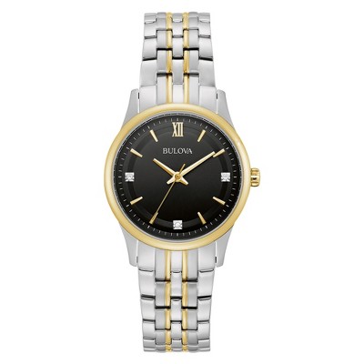 Bulova Ladies' Two-Tone Stainless Steel Diamond Accent Watch, 32mm, Black Dial
