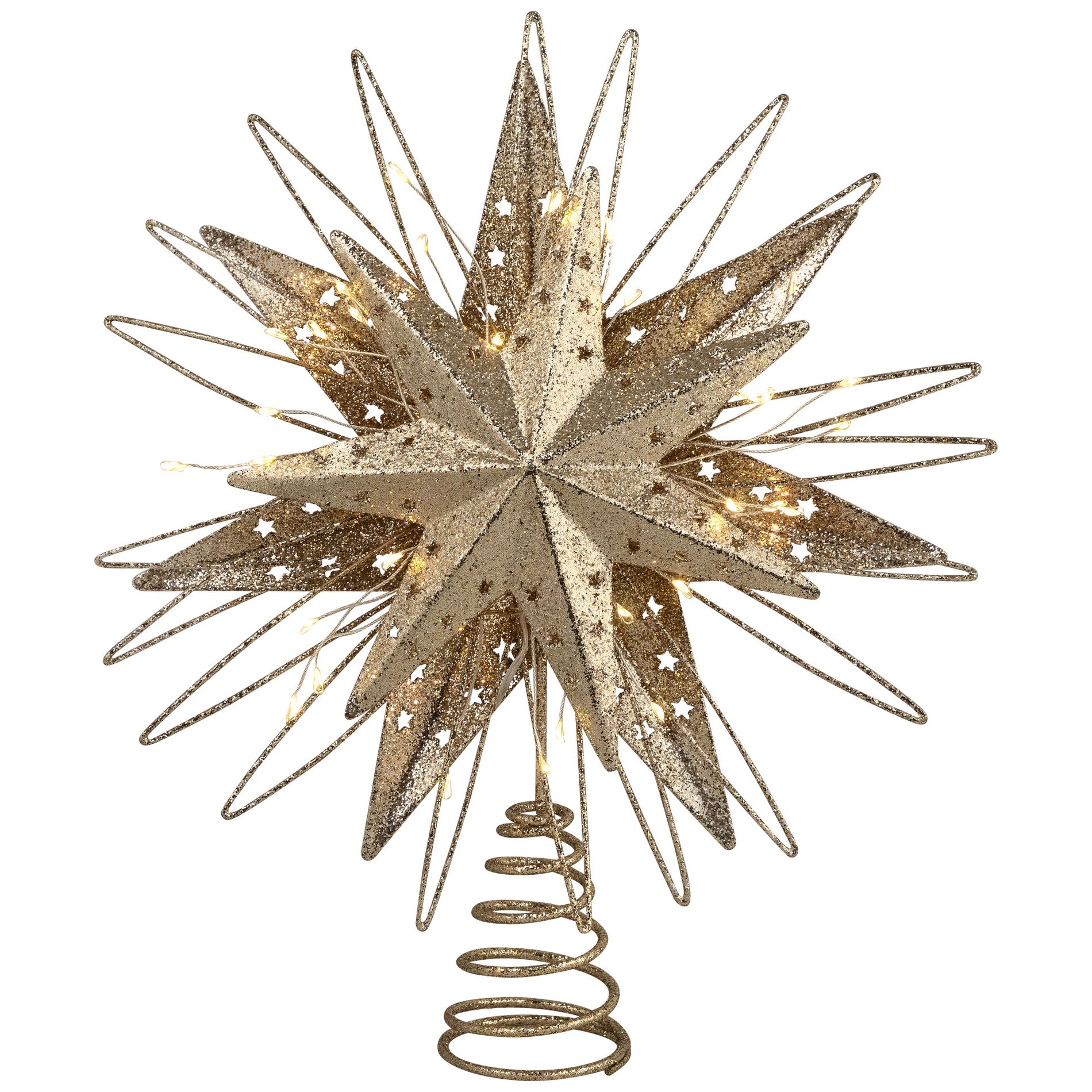 Northlight LED Lighted Starburst Glittered Christmas Tree Topper - 13" - Champagne Gold - White Lights
