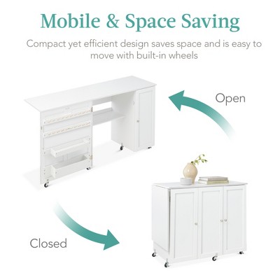 Compact White Folding Sewing and Craft Table with Storage and Caster Wheels
